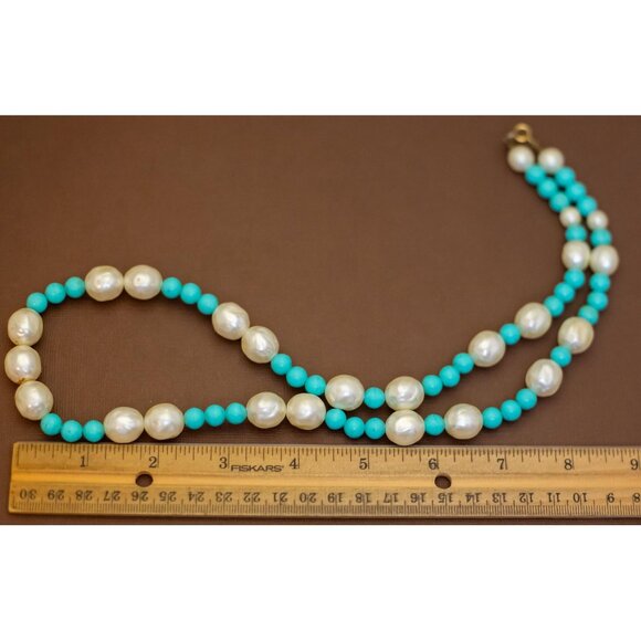 26 inch, Vintage White Faux Pearls Blue Beads Beaded Necklace - U28 - Picture 3 of 3